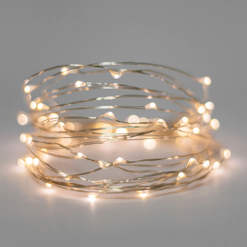 Guirnalda 50 Micro Led, 5 mts cable plateado, luz cálida, usb o AA